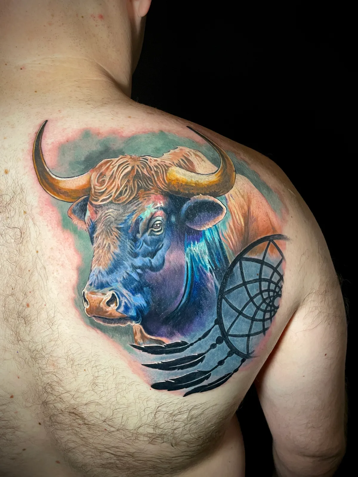 Color realism bull portrait with dreamcatcher tattoo on upper back by Andras Tattoo