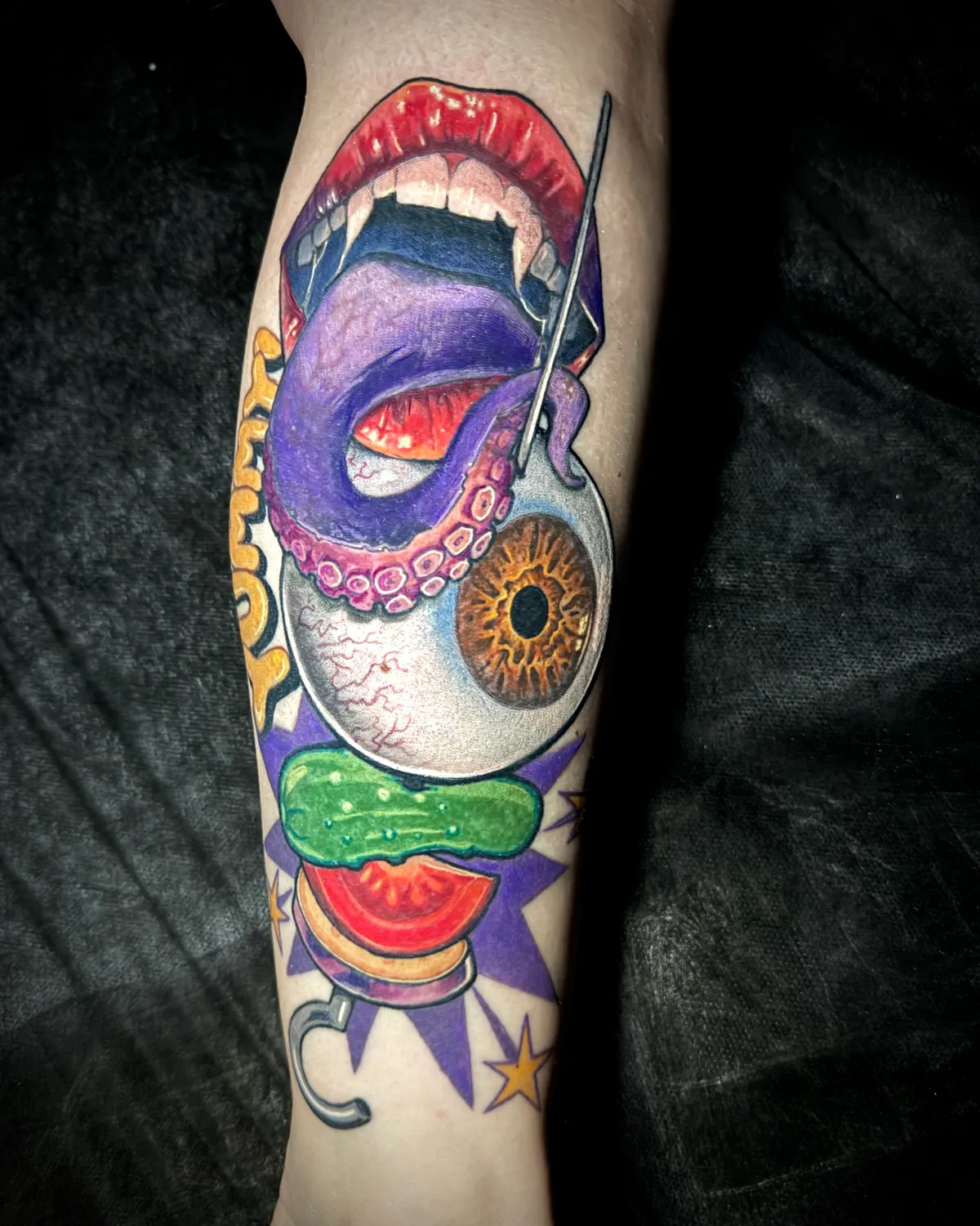Color realism surreal pop art vampire lips with octopus tentacle and eyeball leg tattoo by Paul Michael Andras