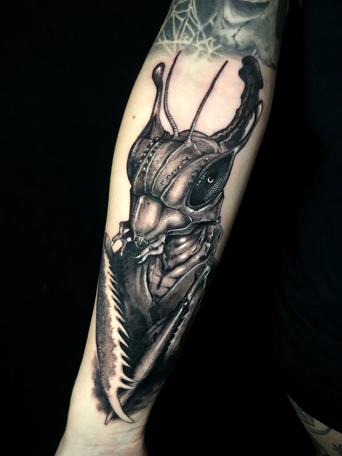 Black and grey realism biomechanical insect creature forearm tattoo by Paul Michael Andras